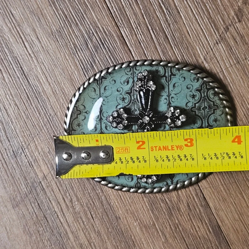 Western Rhinestone Cross Belt Buckle Teal Damask Oval Silver Tone QC11659